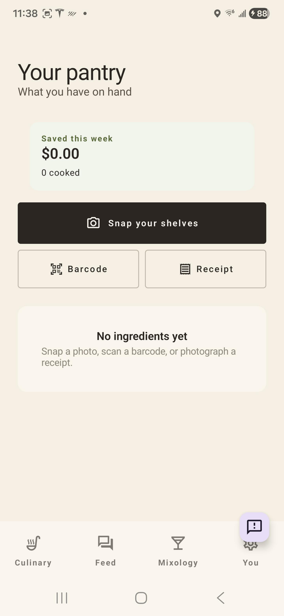 brimm pantry empty state with snap your shelves CTA, barcode and receipt scan options