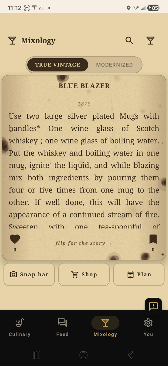 Mixology Bootlegger mode with aged parchment recipe card, the 1878 Blue Blazer